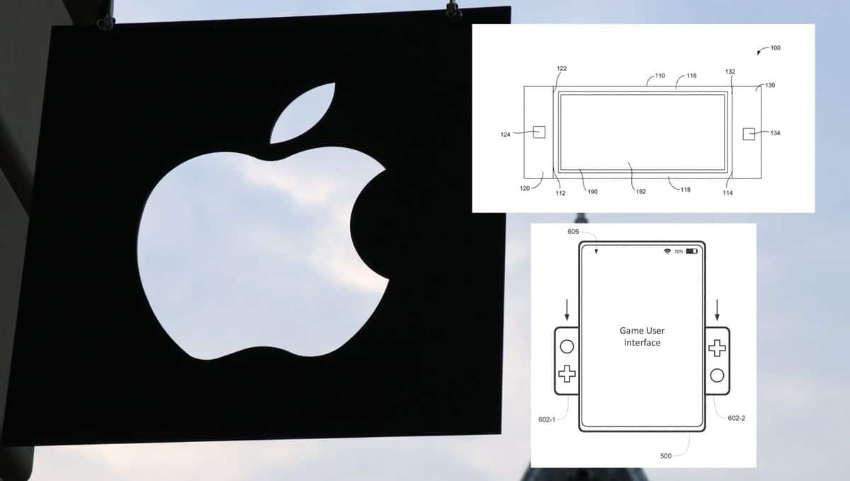 Apple logo with insets of two patent photos.