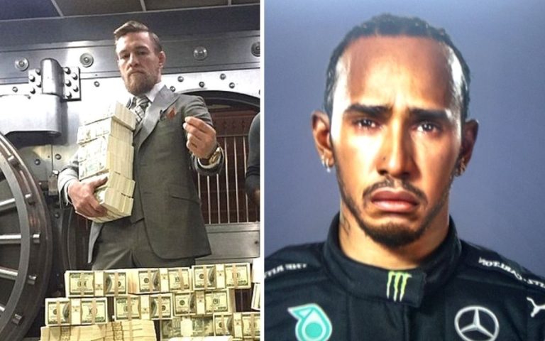 Conor McGregor with money and Lewis Hamilton looking sad