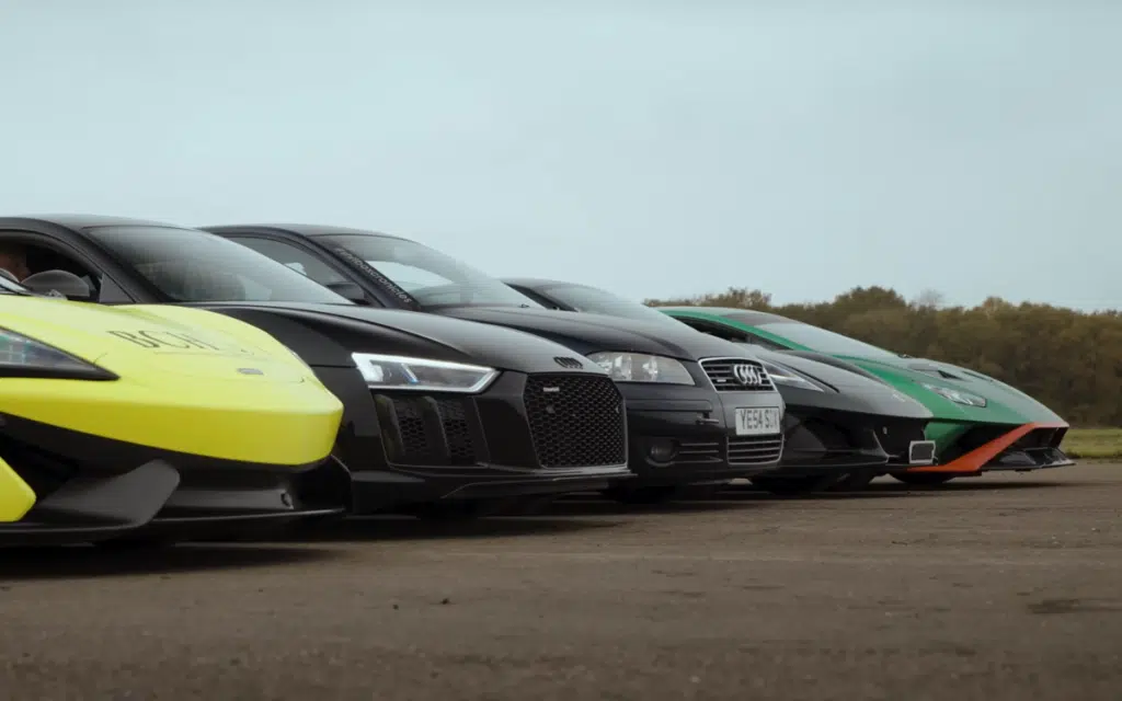 Audi A3 Drag Race versus Lotus Emira, McLaren 570S, Audi R8, and Lamborghini Huracan