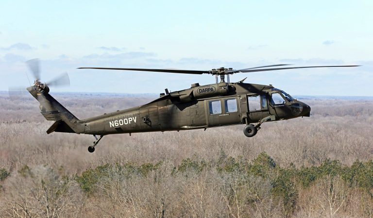 A Sikorsky Black Hawk helicopter flying autonomously across a field in Kentucky, USA.