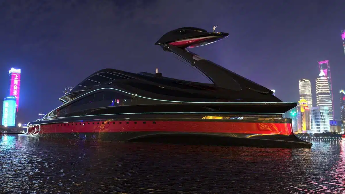 There's a swan-shaped superyacht and the head is a detachable boat