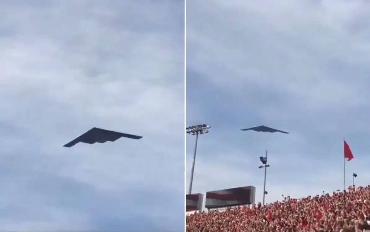 B-2 captured flying over 96,000 fans in stadium in wild clip