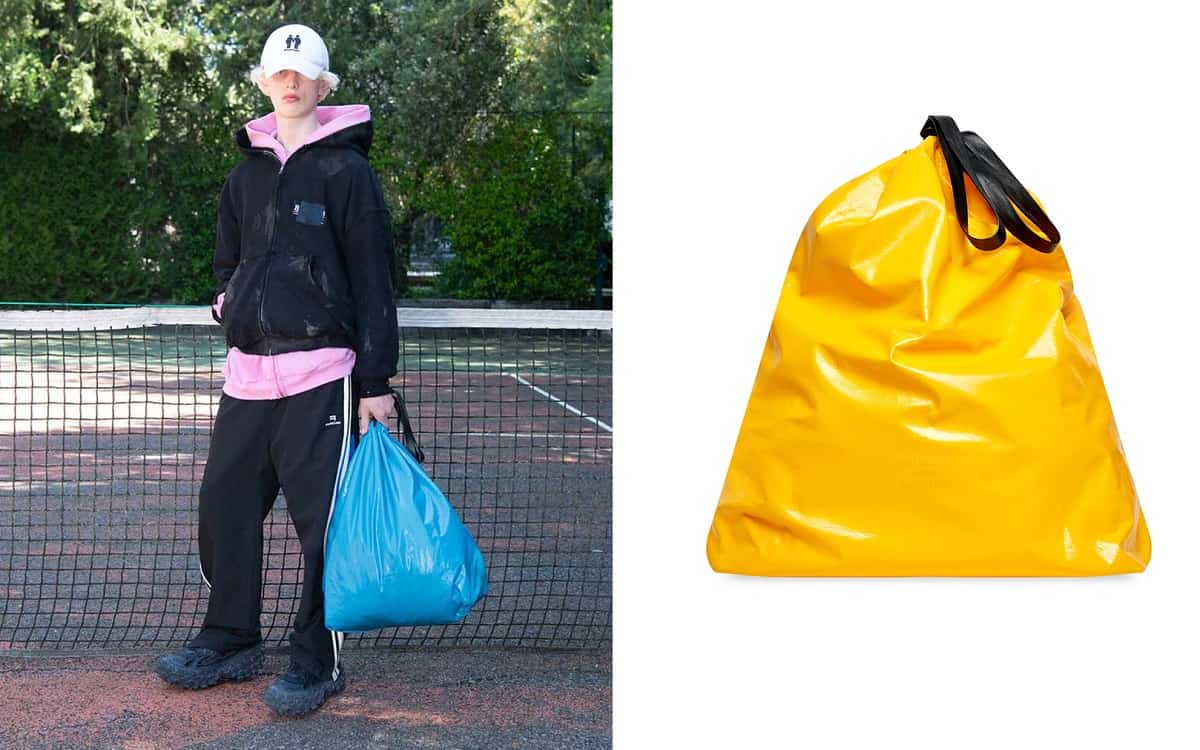 Model carrying Balenciaga trash bag