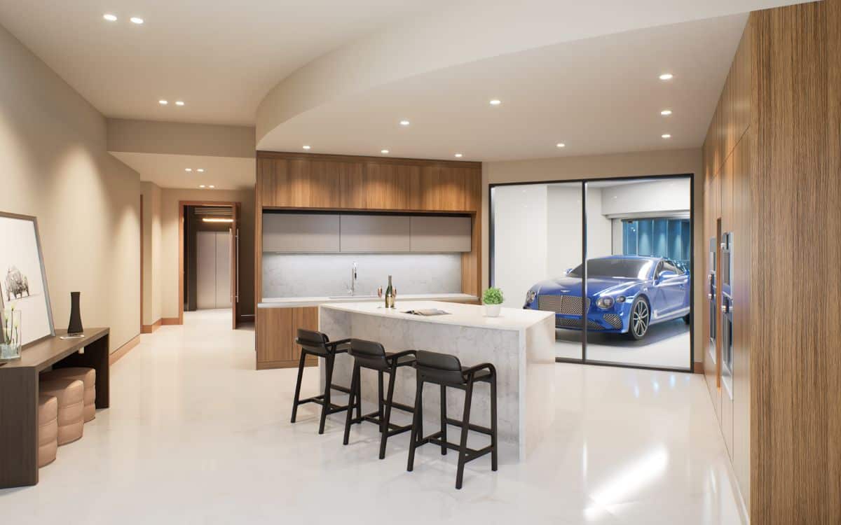 The kitchen is pictured with a Bentley looking into it.