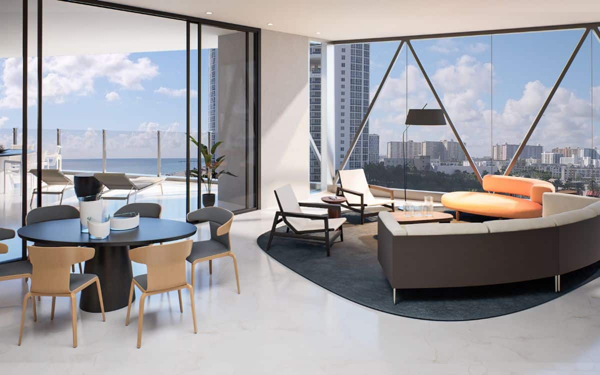 The lounge area of a Bentley Residences apartment.