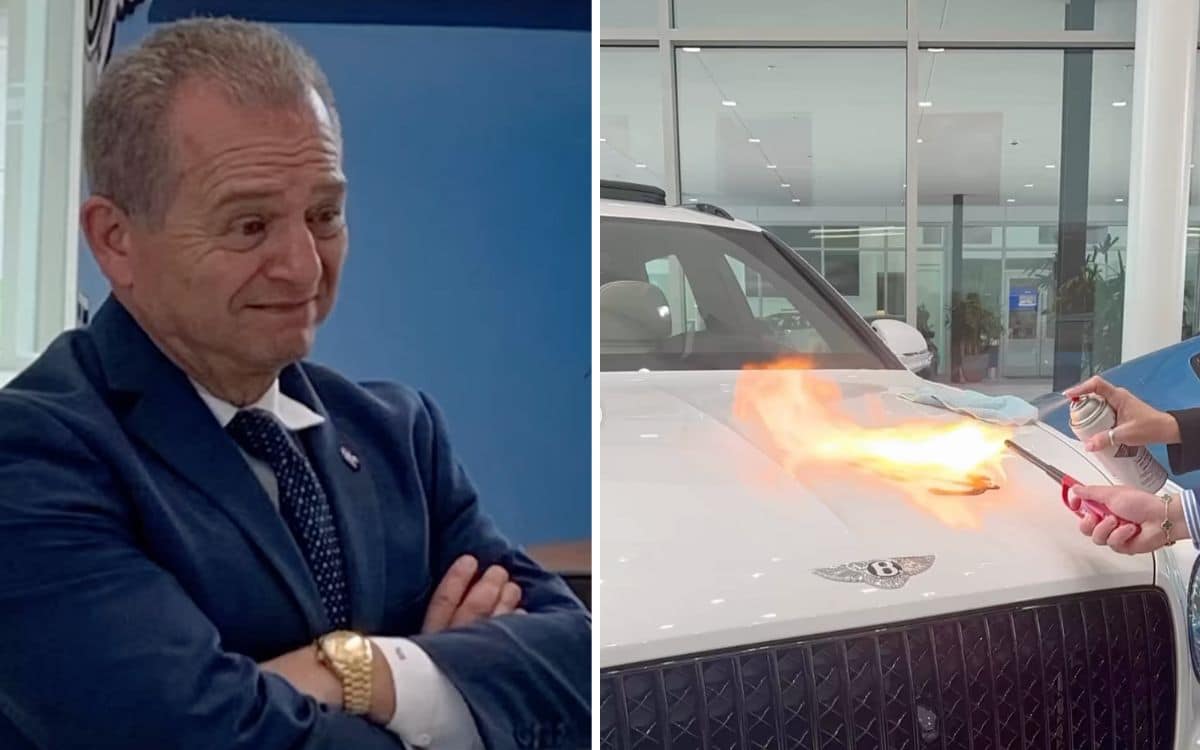 Bentley manager sweats as colleague spray paints and lights fire on hood
