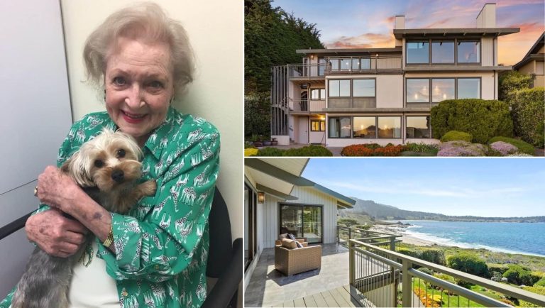 Betty White pictured with two photos of her Carmel home.