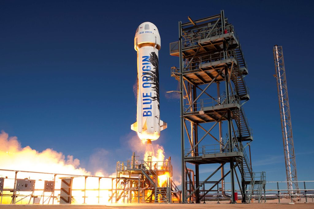 The launch of a rocket made by Blue Origin.