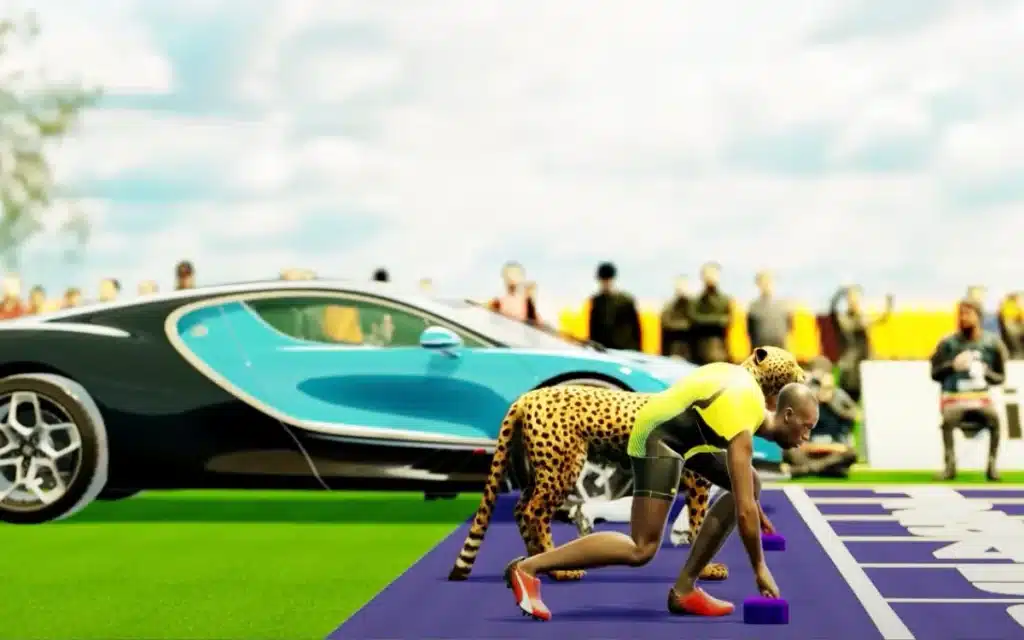 An incredible simulation has showcased how Usain Bolt would fare in a trademark 100m race against a Bugatti Chiron Super Sport and a cheetah