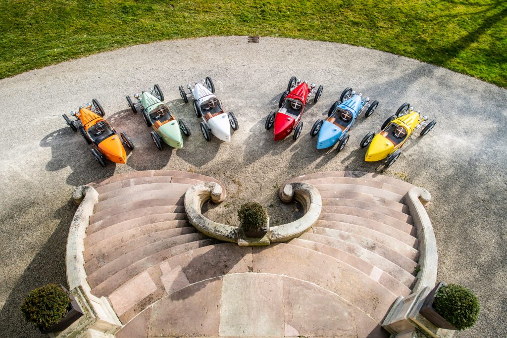 An aerial view of all six Bugatti Baby IIs.