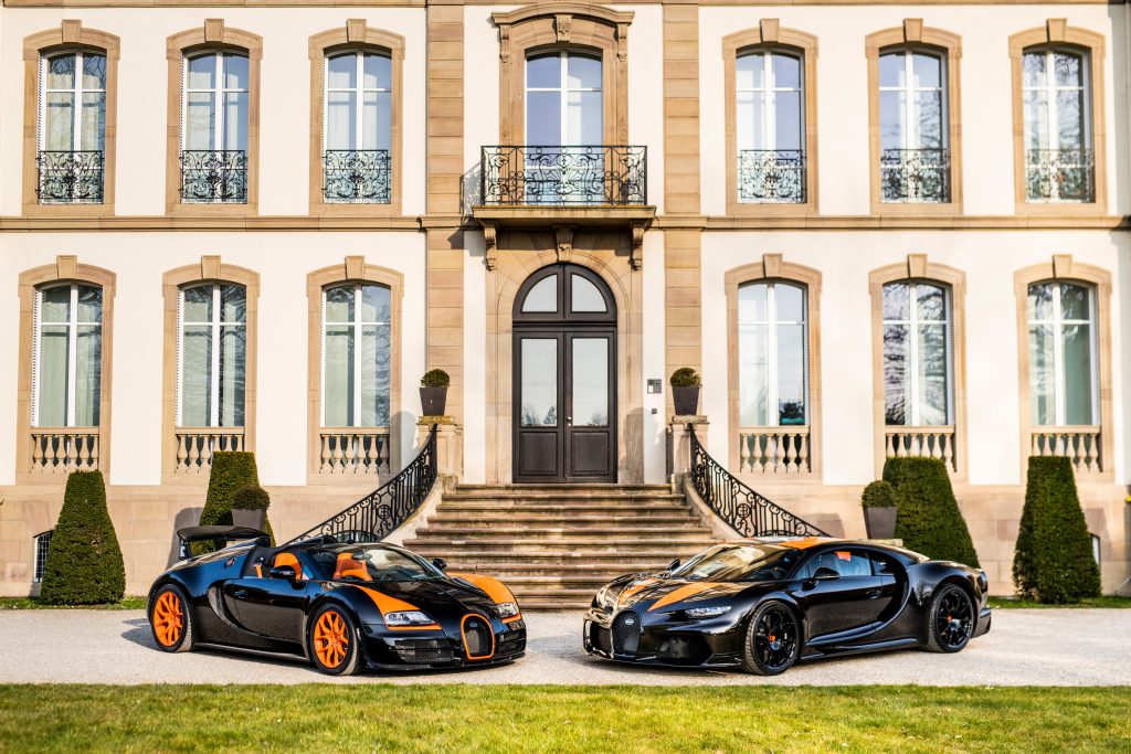 Bugatti Veyron Grand Sport Vitesse is pictured on the left with Chiron Super Sport 300+ in front of the factory.