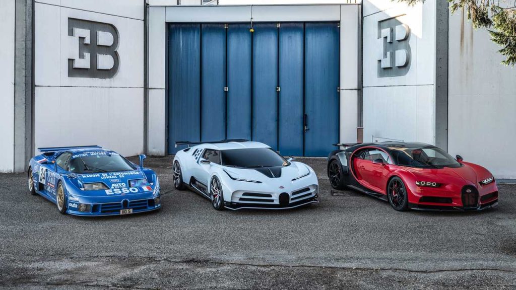 Bugatti EB110 Centodieci-and-Chiron-parked in front of the factor
