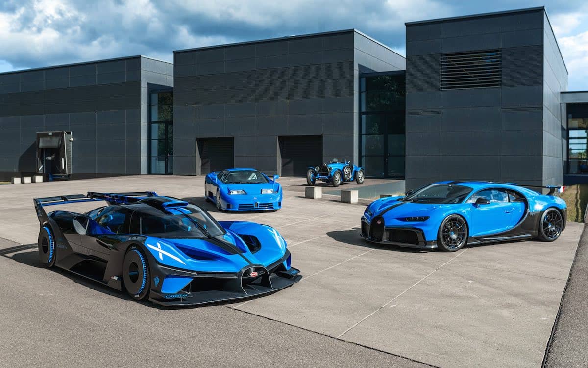 Lineup of Bugatti models painted French Racing Blue