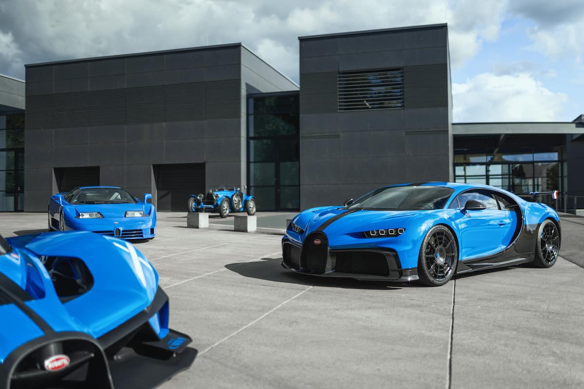 Lineup of Bugatti models painted French Racing Blue