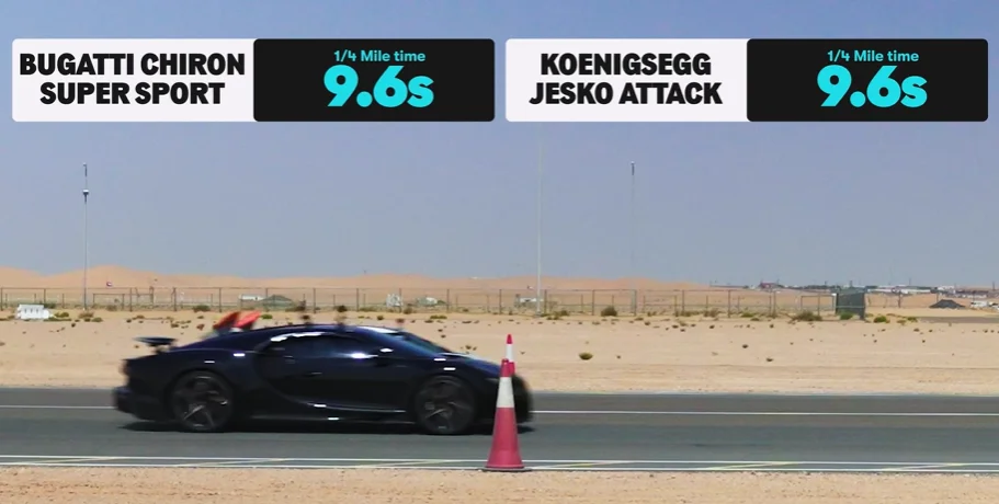 Bugatti Chiron and Koenigsegg Jesko Attack hypercars lined up for drag race built to settle a debate but in the end the race made it even wilder