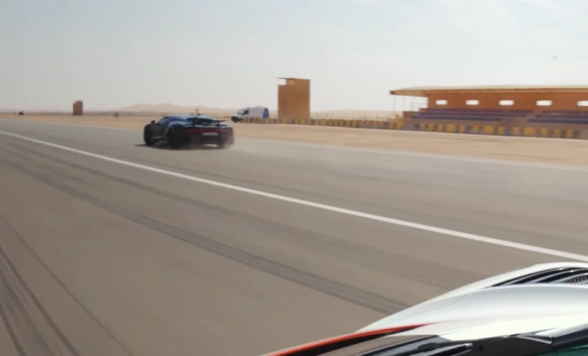 Bugatti Chiron and Koenigsegg Jesko Attack hypercars lined up for drag race built to settle a debate but in the end the race made it even wilder