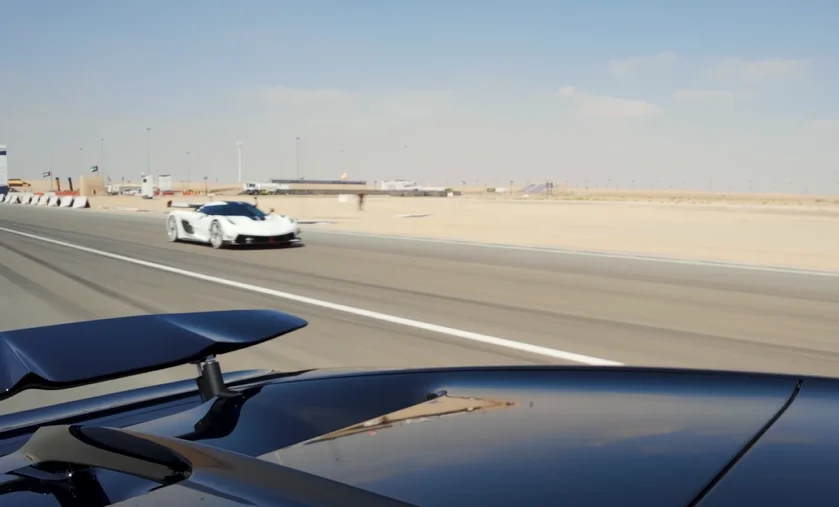 Bugatti Chiron and Koenigsegg Jesko Attack hypercars lined up for drag race built to settle a debate but in the end the race made it even wilder