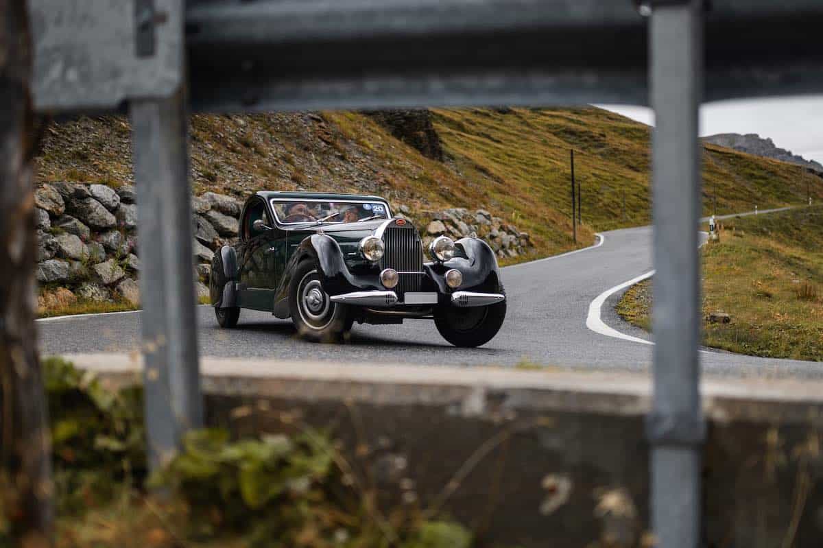 Bugatti Atalante racing in the Passione Engadina
