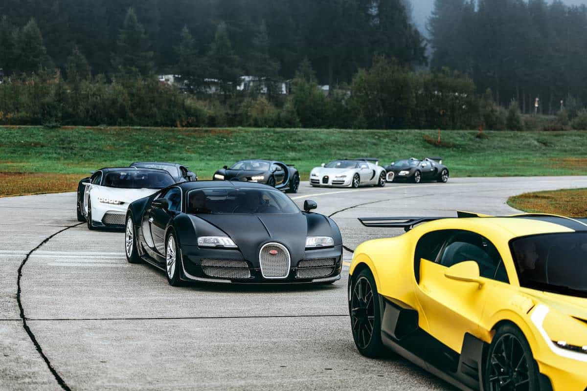 Bugattis parked on airport runway