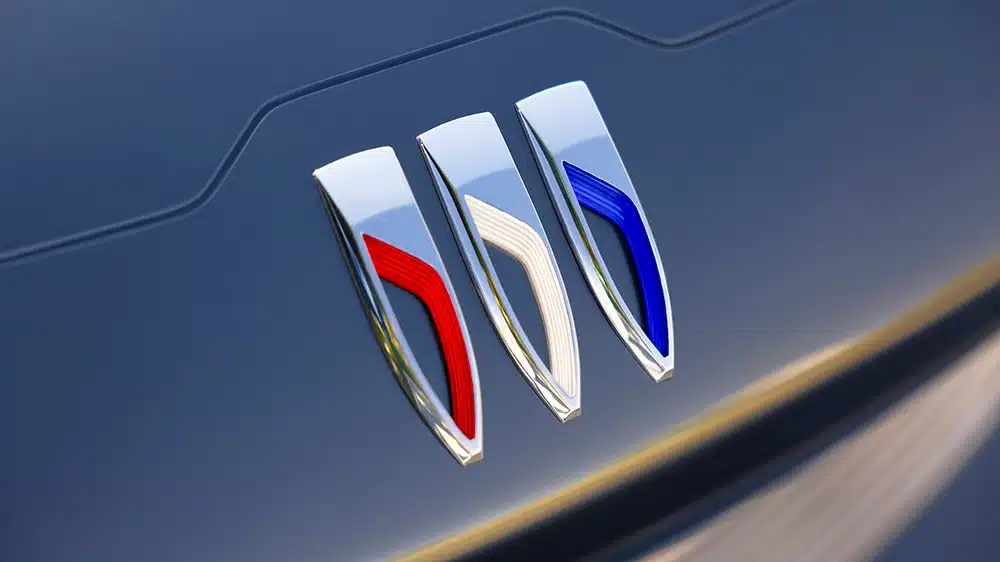The Buick Wildcat EV coupe tri-colored logo in red white and blue