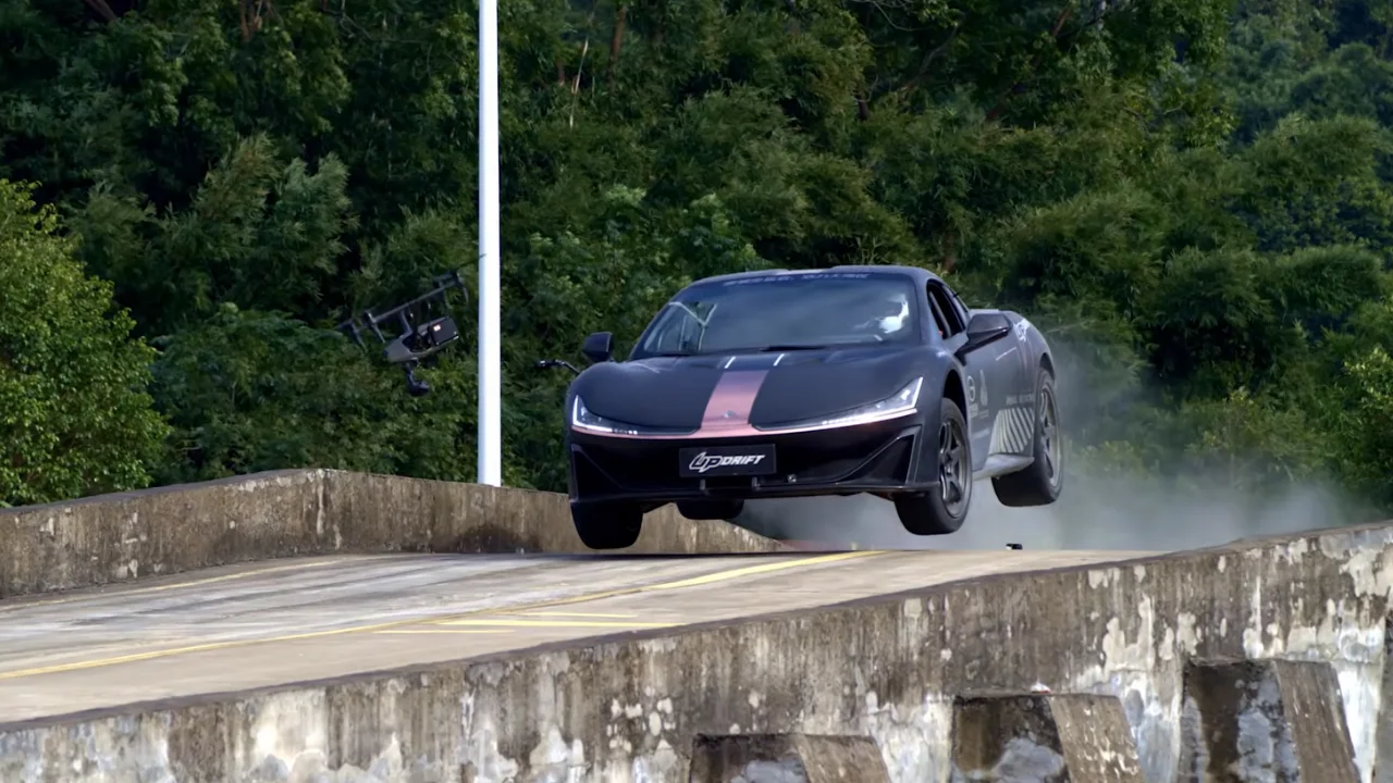 Chinese performance EV with 1,224HP broke the drift world record in the most aggressive way possible as it launched completely airborne before drifting