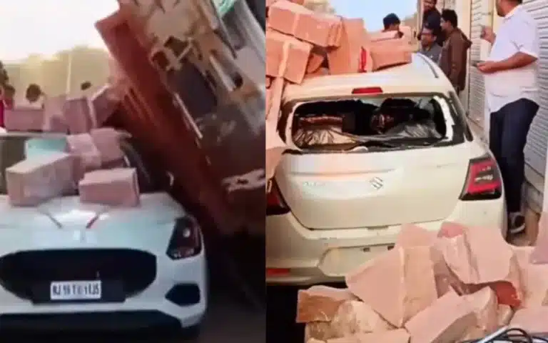 Maruti Suzuki Swift intact after truck of bricks fell on it