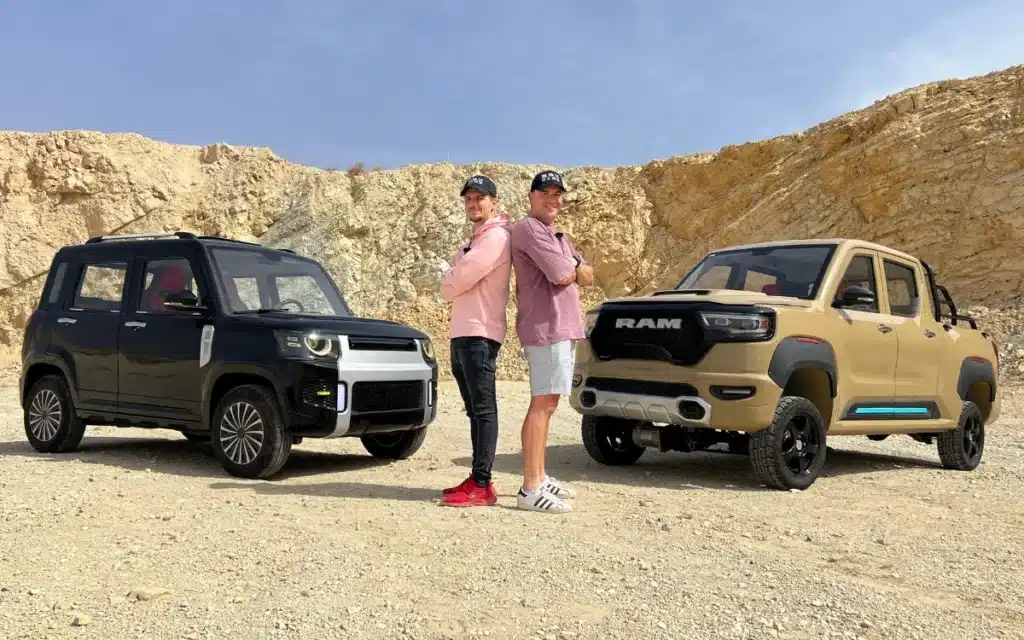 Fake Chinese Dodge Ram and fake Land Rover in drag race