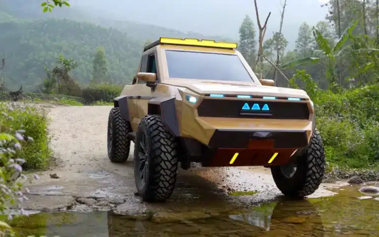 Man built fully functioning futuristic mini truck out of wood for a family with dwarfism