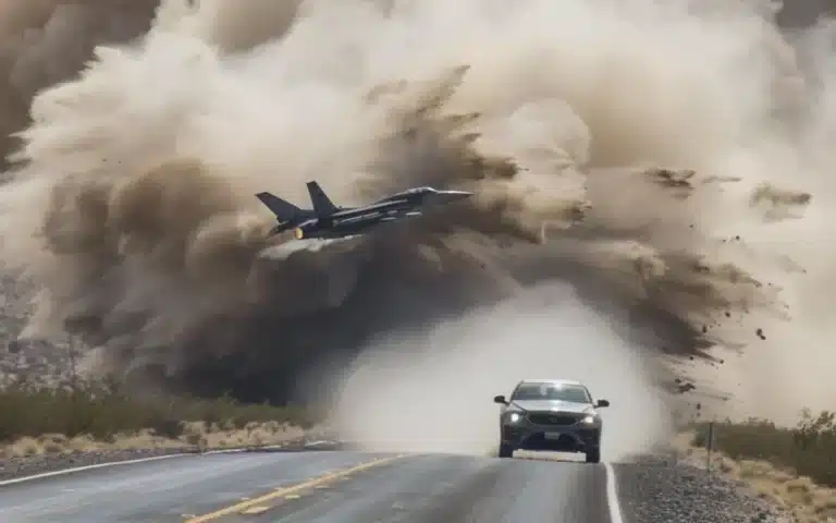 F-16 display as it zooms over car with blazing speed