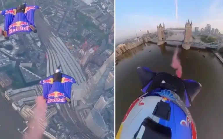 Skydivers flew through London's Tower Bridge at 153 miles per hour