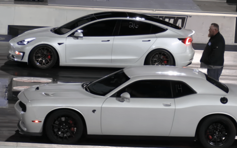 Muscle versus EV as white Mopar and a white Tesla meet for a Las Vegas drag race