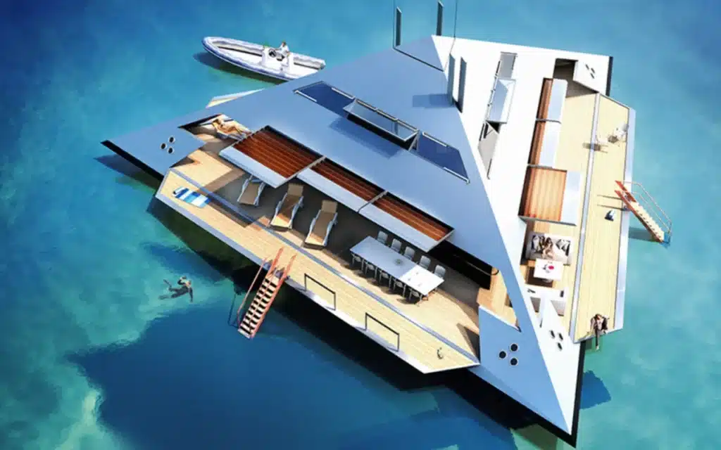 Flying pyramid yacht flies above water for sailing in luxury