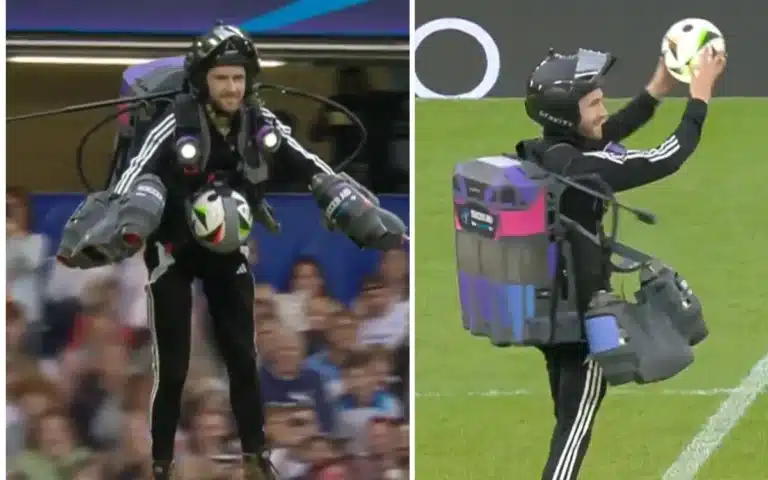 Man delivers game ball to charity soccer match in jet pack