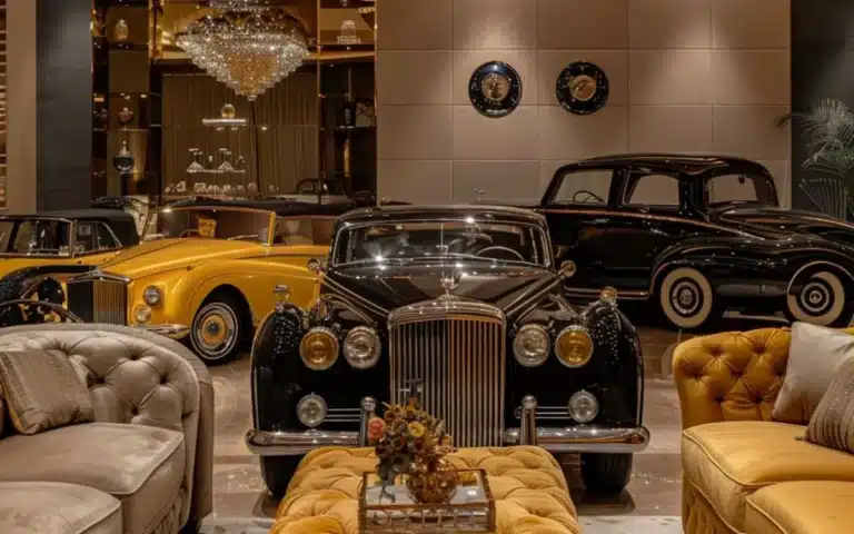 Luxury home has a living room with 5 classic cars that act as the best decoration