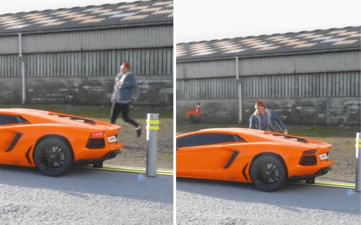 A man appears to get into an orange Lamborghini but it's an optical illusion.