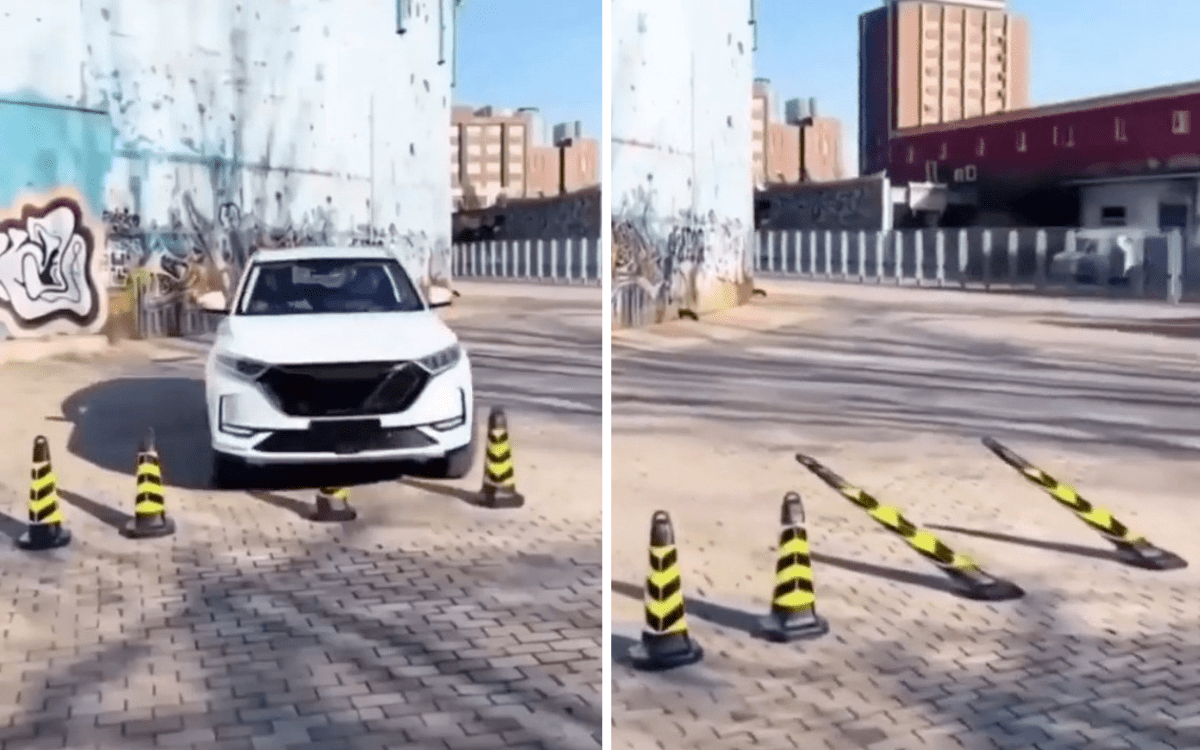 An SUV drives through what appears to be bollards, but they're just painted to the ground, which is revealed in the photo on the right.