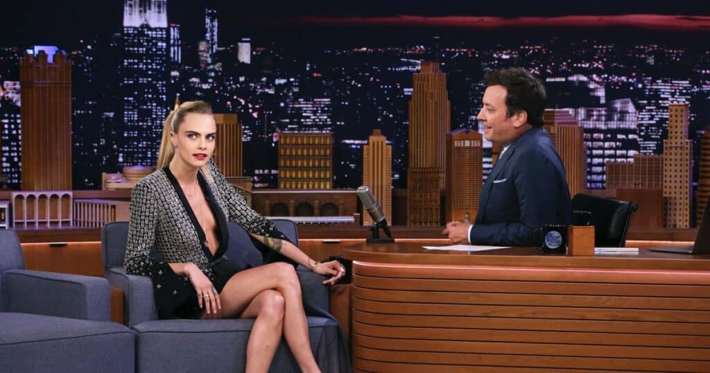 Jimmy Fallons interviews Cara Delevingne during the Tonight Show