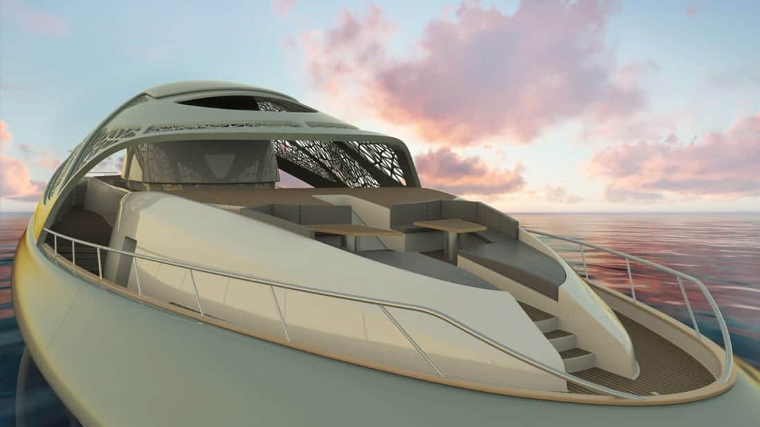 Render shows the Carapace superyacht submarine from the front