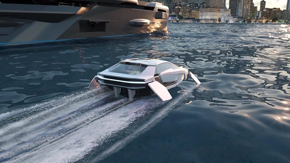 Future-E electric foiling yacht concept gliding above the water