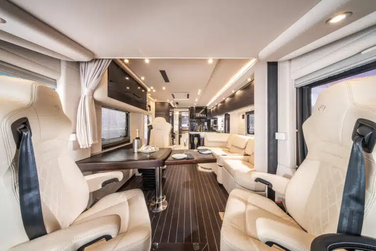 This $1.2M land yacht by Concorde Centurion is a luxury motorhome built on a Mercedes Actros chassis, complete with a car garage and yacht-inspired design