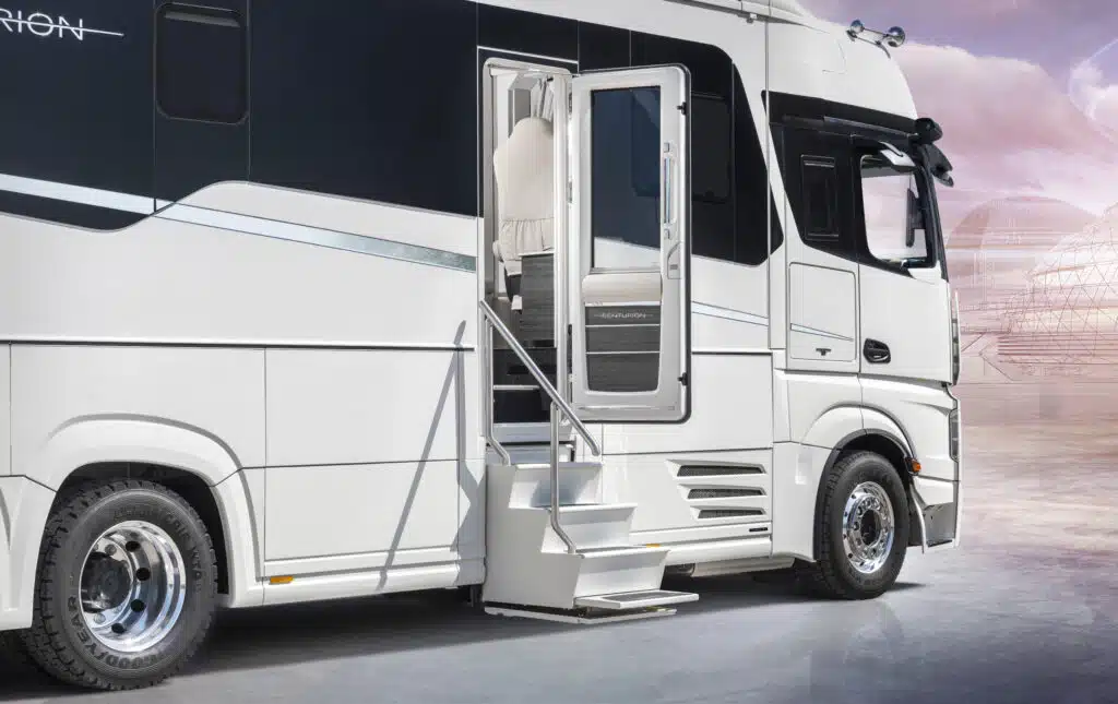 This $1.2M land yacht by Concorde Centurion is a luxury motorhome built on a Mercedes Actros chassis, complete with a car garage and yacht-inspired design