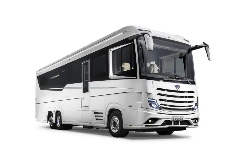 This $1.2M land yacht by Concorde Centurion is a luxury motorhome built on a Mercedes Actros chassis, complete with a car garage and yacht-inspired design