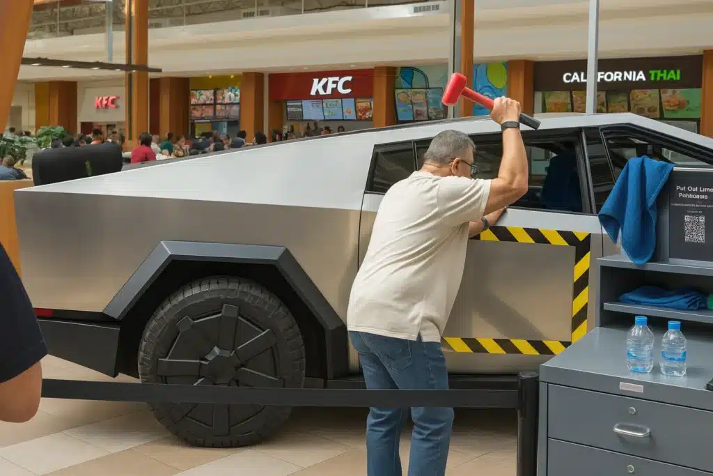 Tesla staged a Cybertruck booth in a Vancouver shopping mall, letting visitors strike the stainless steel body with a hammer to test its strength