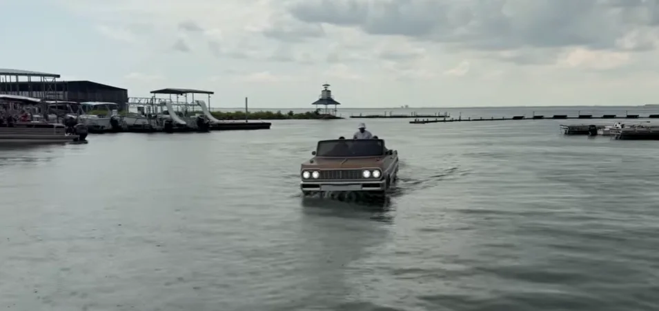 Shaq had incredible reaction after seeing his 1-of-1 world-first 1964 Impala boat for the first time before taking it for ride