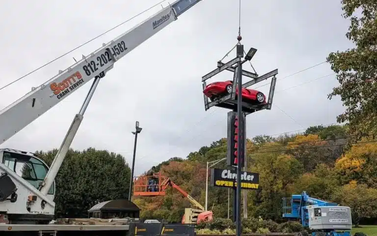 Dodge Viper brought down from Kentucky car dealership sign and shocked everyone also caused a mystery