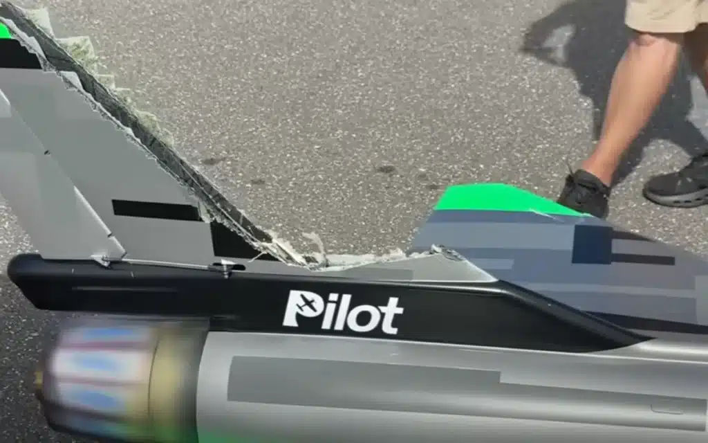 US YouTuber Cleetus McFarland nearly destroyed a $20,000 Pilot RC jet turbine jet after it clipped power lines mid-flight but somehow it survived
