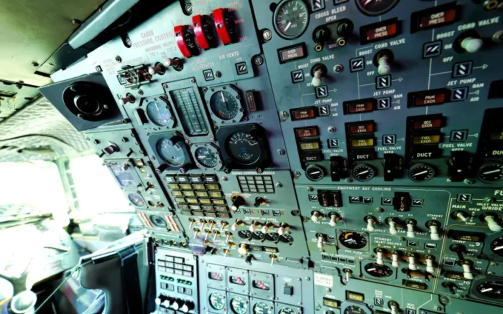 Photo shows inside of Concorde's cockpit, one of the most complex cockpits in history