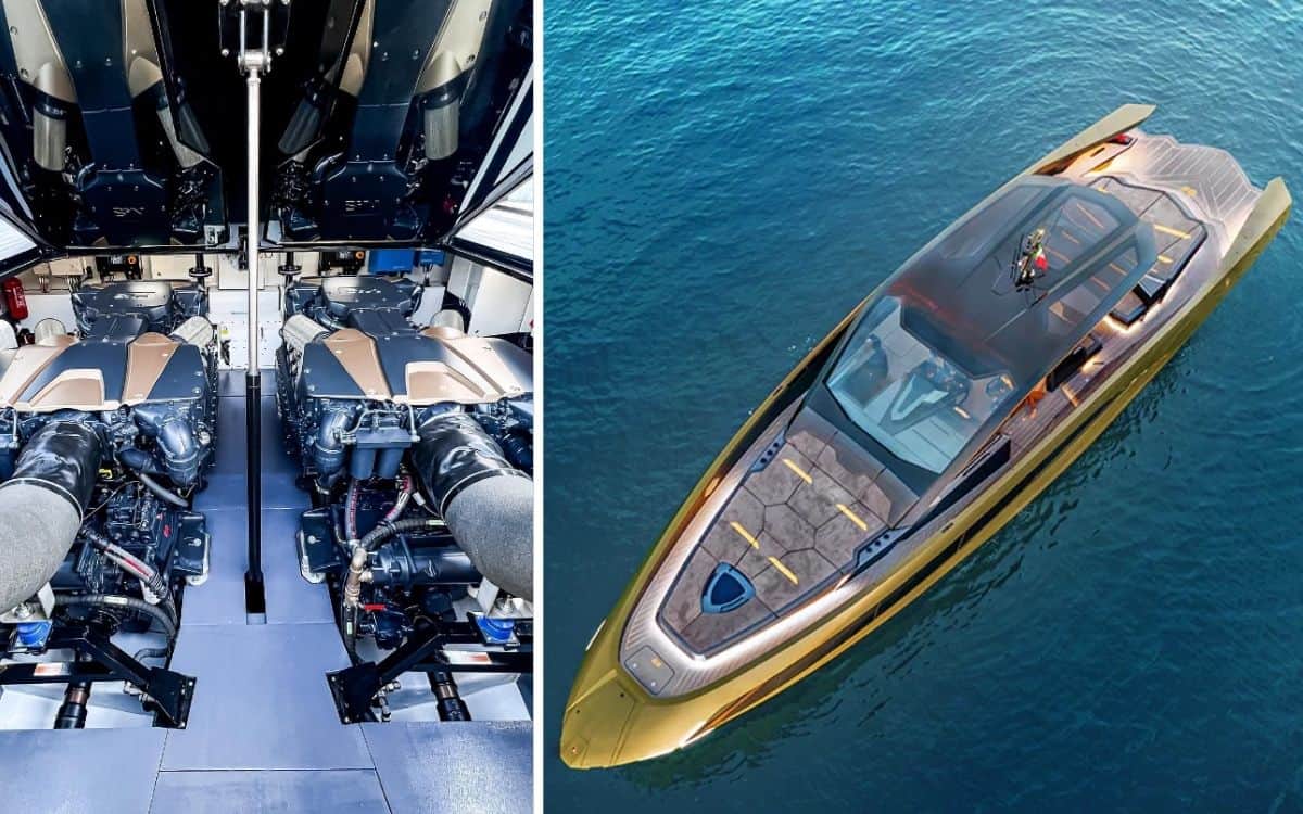 The Lamborghini yacht engines pictured left with an aerial view of the yacht on the right.