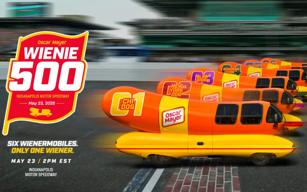 Six Wienermobiles, hot dog shaped vehicles, belonging to Oscar Mayer will be racing at the same track as the Indy 500