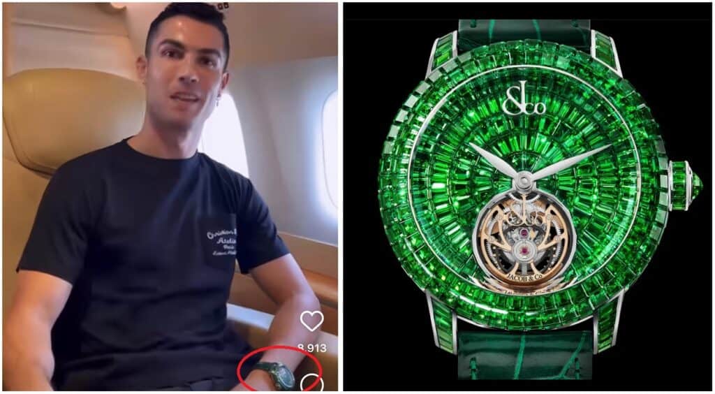 Cristiano Ronaldo on his private jet wearing his Jacob and Co Tsavorite